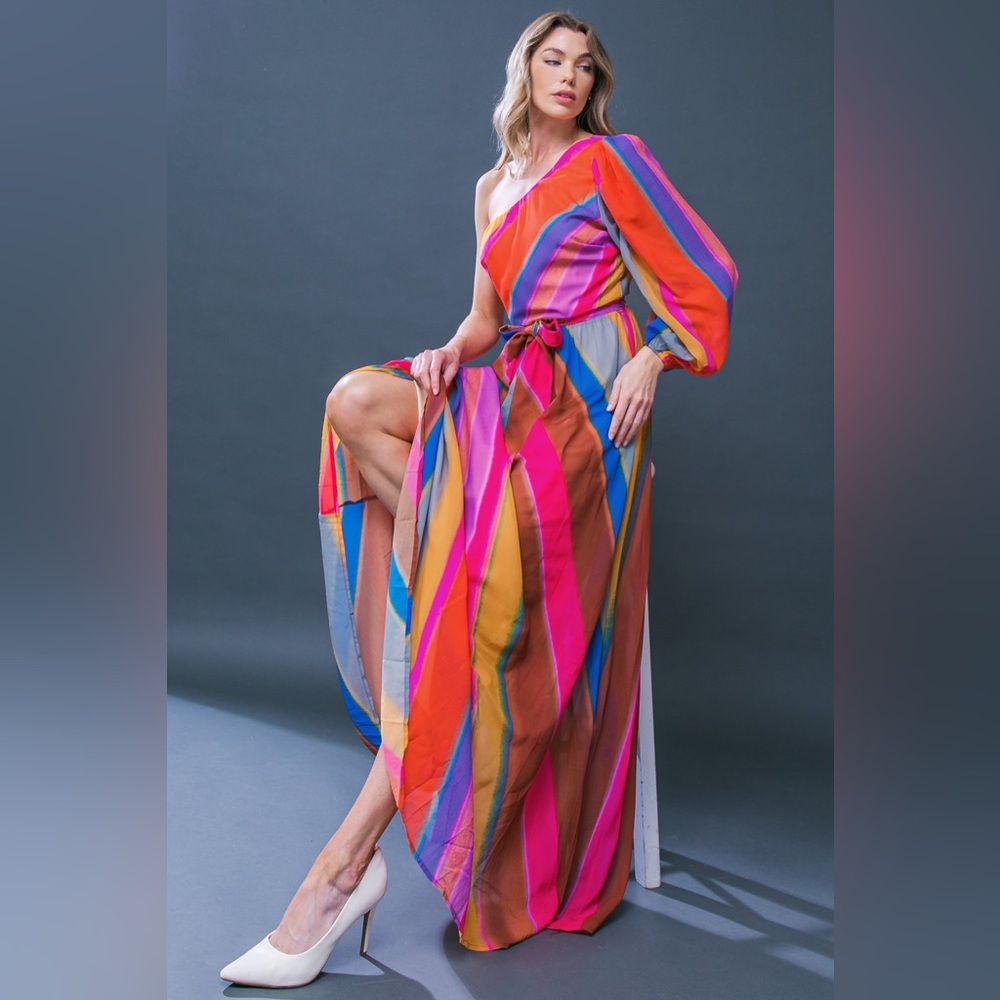 One-Shoulder Multicolor Stripe Maxi Dress - Pink/Orange - Picture 4 of 5